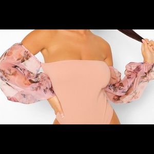 Boohoo l Floral Organza Off The Shoulder Bodysuit